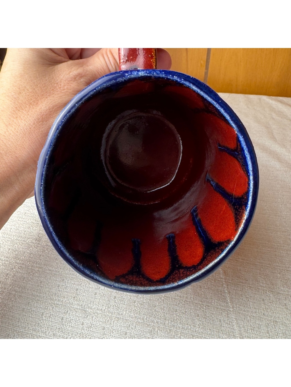 Studio Pottery Mug Red Blue Glaze Textured Geometric Design 4.75 Inch - Picture 5 of 9